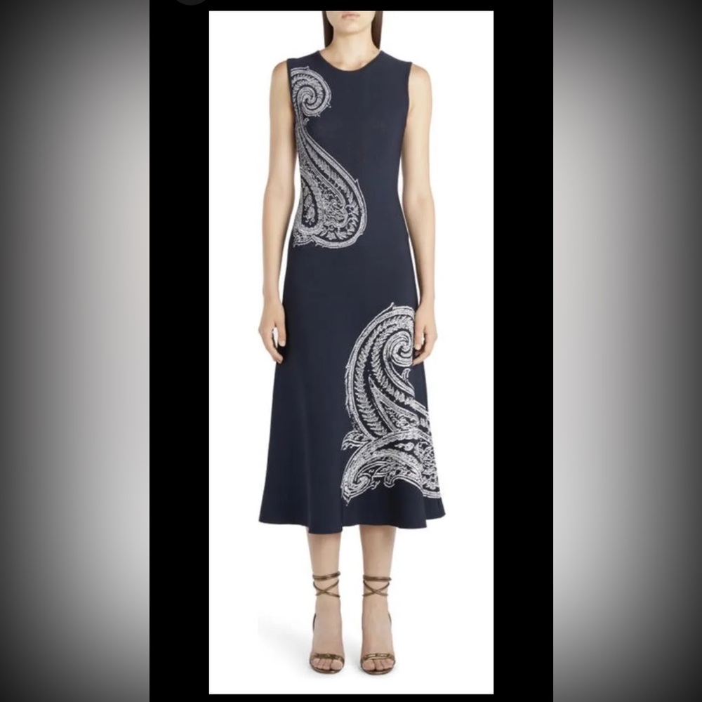 Etro Placed Paisley Knit Midi Sleeveless Dress Navy White New Size 40 US 4 $2165